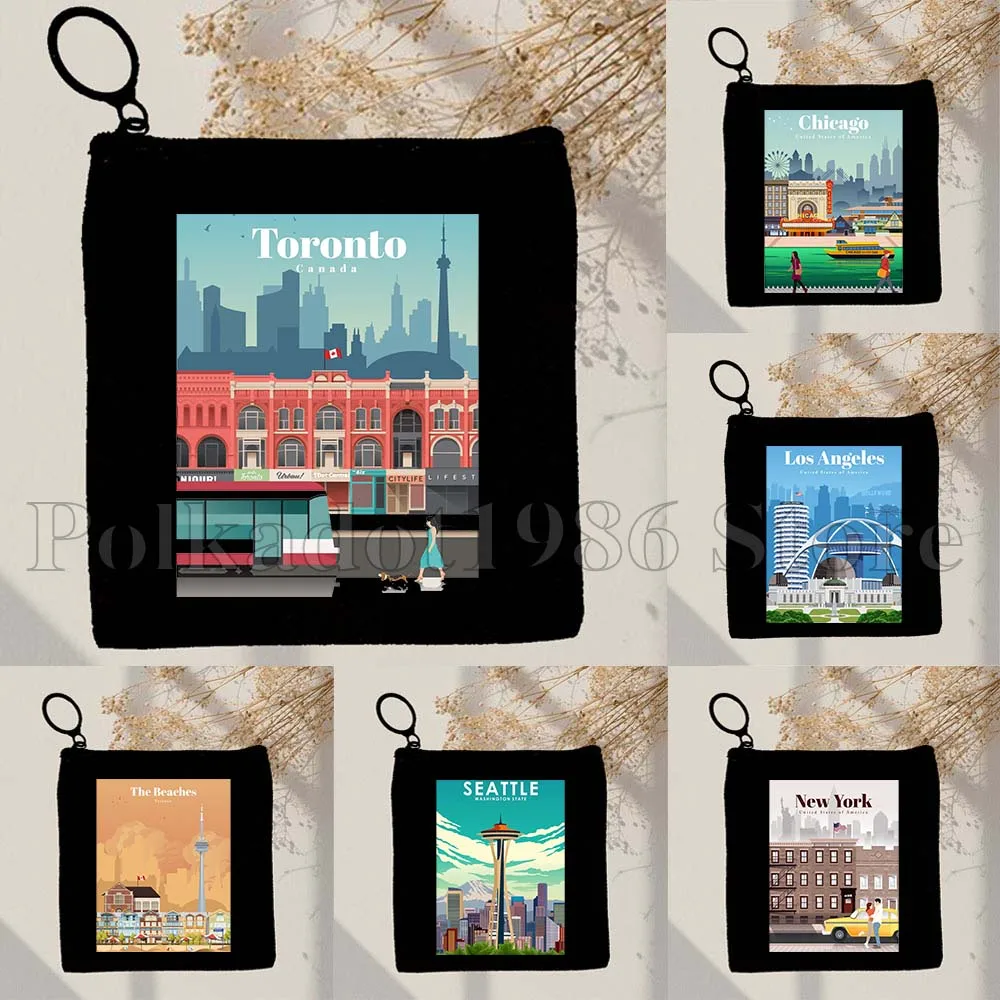 New York Chicago Seattle San Francisco Toronto Las Vegas Los Angeles Miami Seattle Canvas Coin Purse Key Case Bag Wallet Pouch
