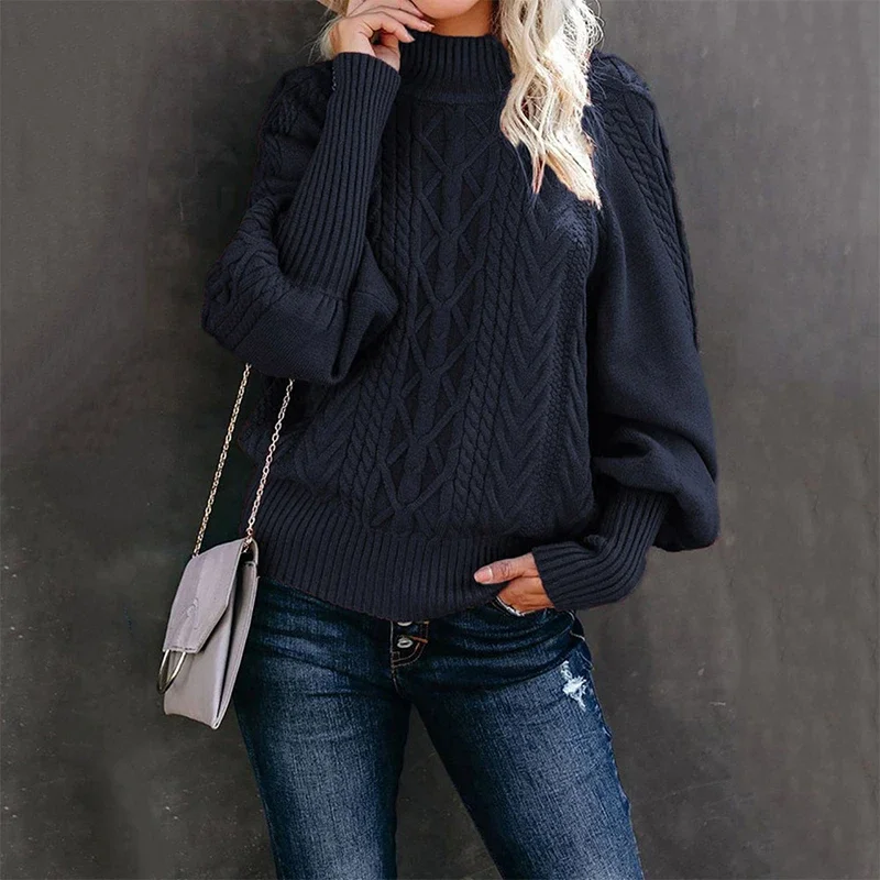 

Warm Vintage Comfortable Soft Knitted Sweaters Lantern Sleeve Women Stripe Solid Color Sweaters 2024 Autumn Casual Slim Pullover