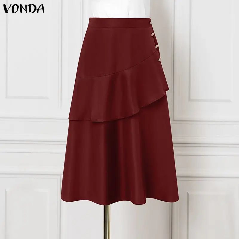 VONDA Ladies A-Line Skirts Office Work Women's Elegant Skirts Vintage Solid Color Overskirt Casual Loose Mid-Length Bottoms