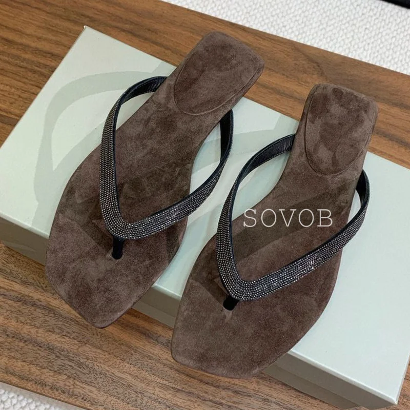 Summer Crystal Decorated Herringbone Slippers Women's Solid Color Simple Flat Sandals Outdoor Leisure Vacation Beach Shoes