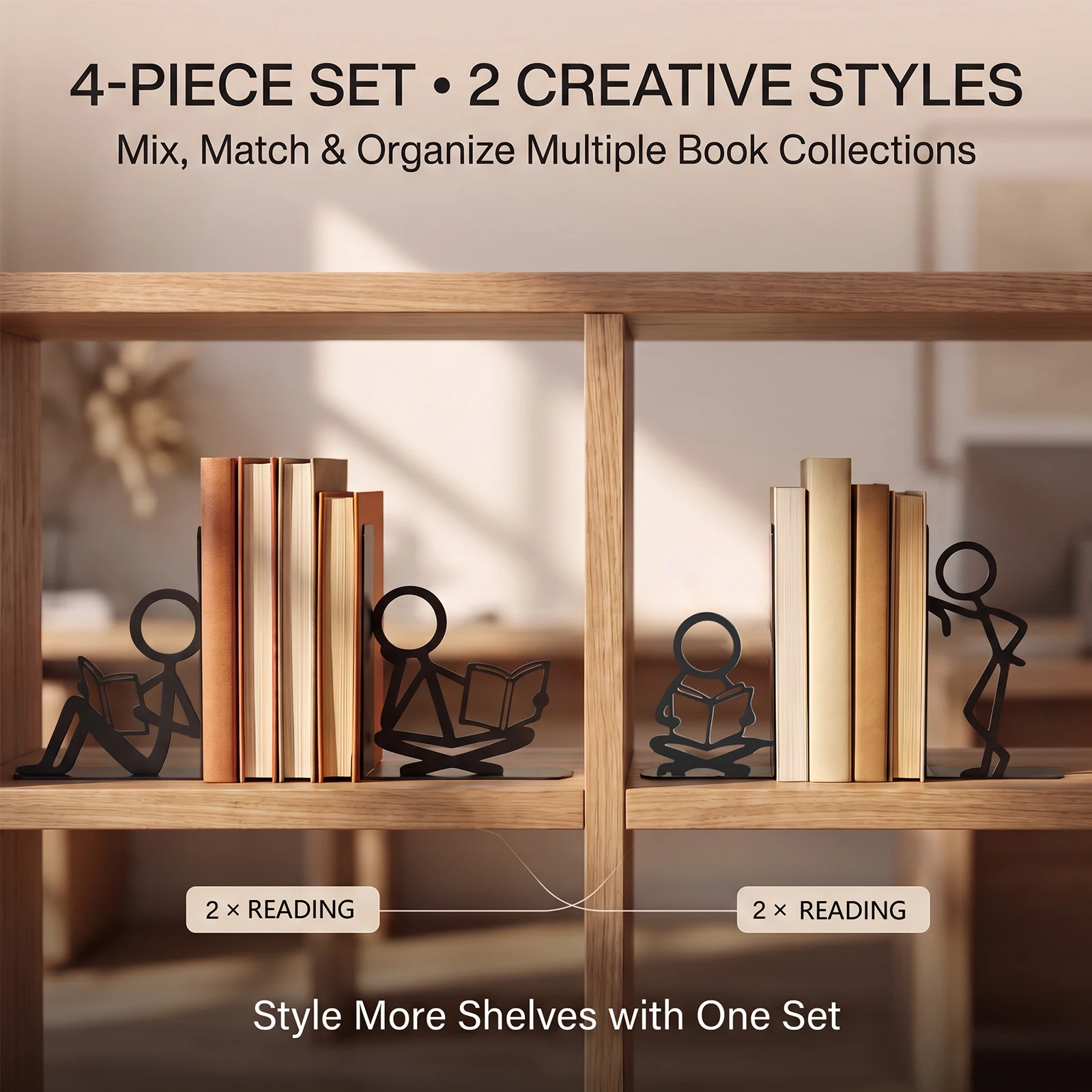 4Pcs Metal Bookends Creative Stick Figure Book Ends Non-slip Office Desktop Organizer for Home Bookshelf Study Room Decoration