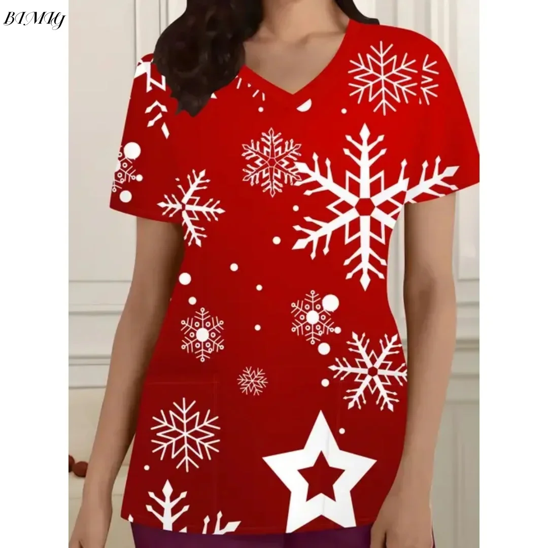 Праздничный рождественский уродливый топ с v-образным вырезом и карманами с принтом Санта-Клауса, удобная женская униформа медсестры, женская одежда с короткими рукавами