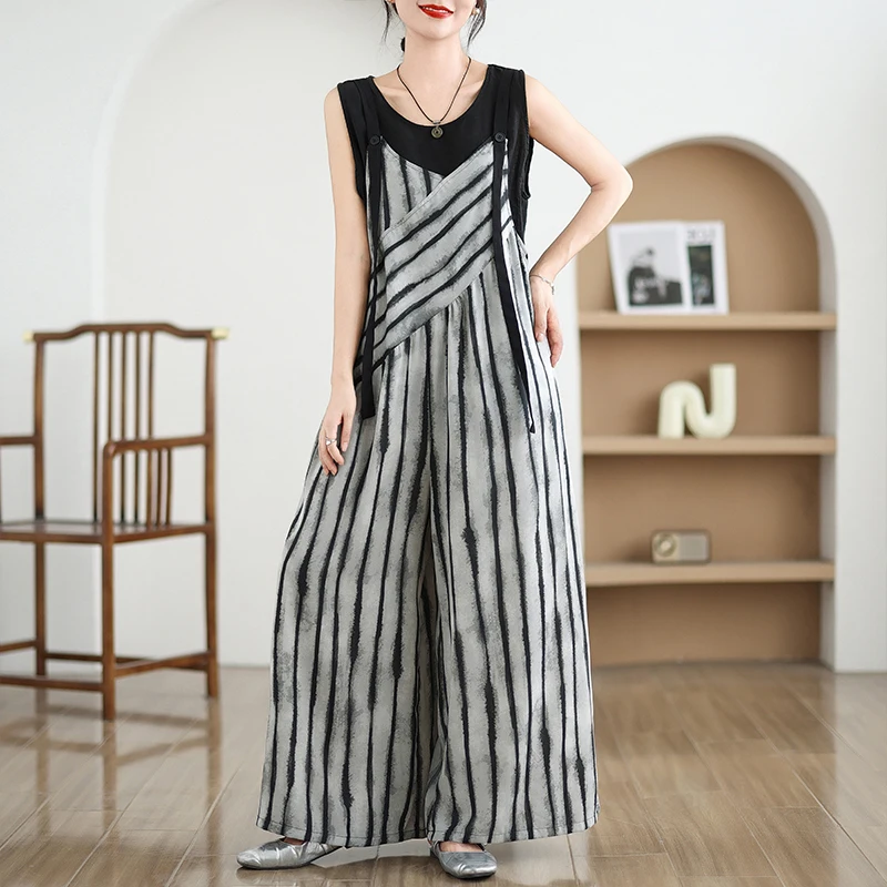 Trendy Uneven Striped Wide Leg Pants Loose Straight Cut Summer Casual High Waist Overalls for plus Size Women
