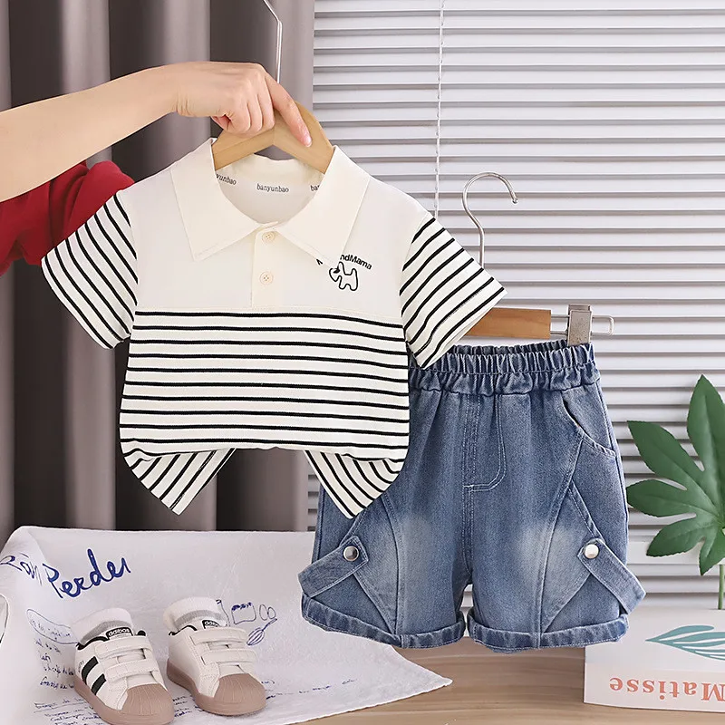Conjuntos de ropa de verano para bebés, trajes de ropa para bebés, camiseta Polo a rayas con dibujos animados y pantalones cortos de mezclilla