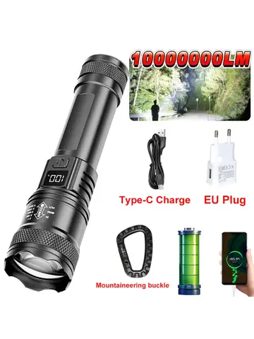 Rechargeable LED Flashlight Zoomable Torch with LCD Display 3 Modes Waterproof High Power Hand Light Outdoor Wilderness Camping
