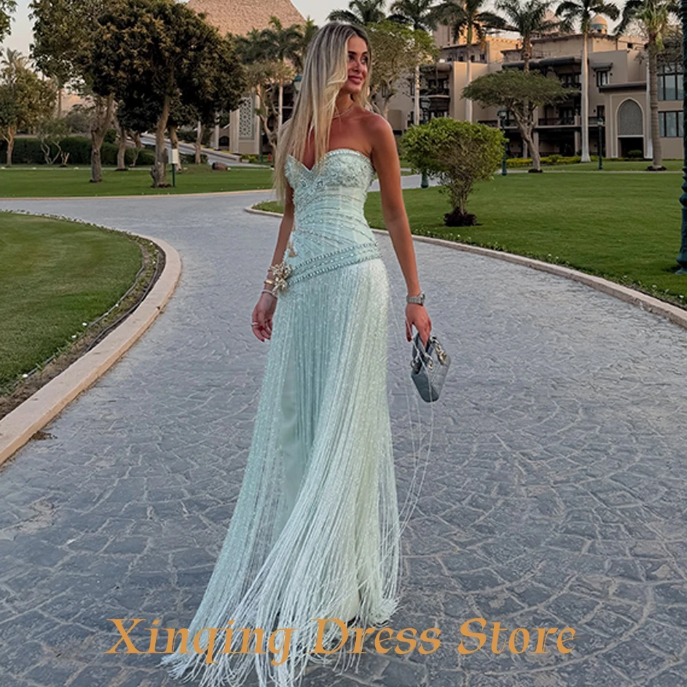 Exquisite Mermaid Evening Dress Luxury Crystal Flowers Tassel Customized Celebrity Gowns Delicate Tulle Bridal Party Dresses view 6