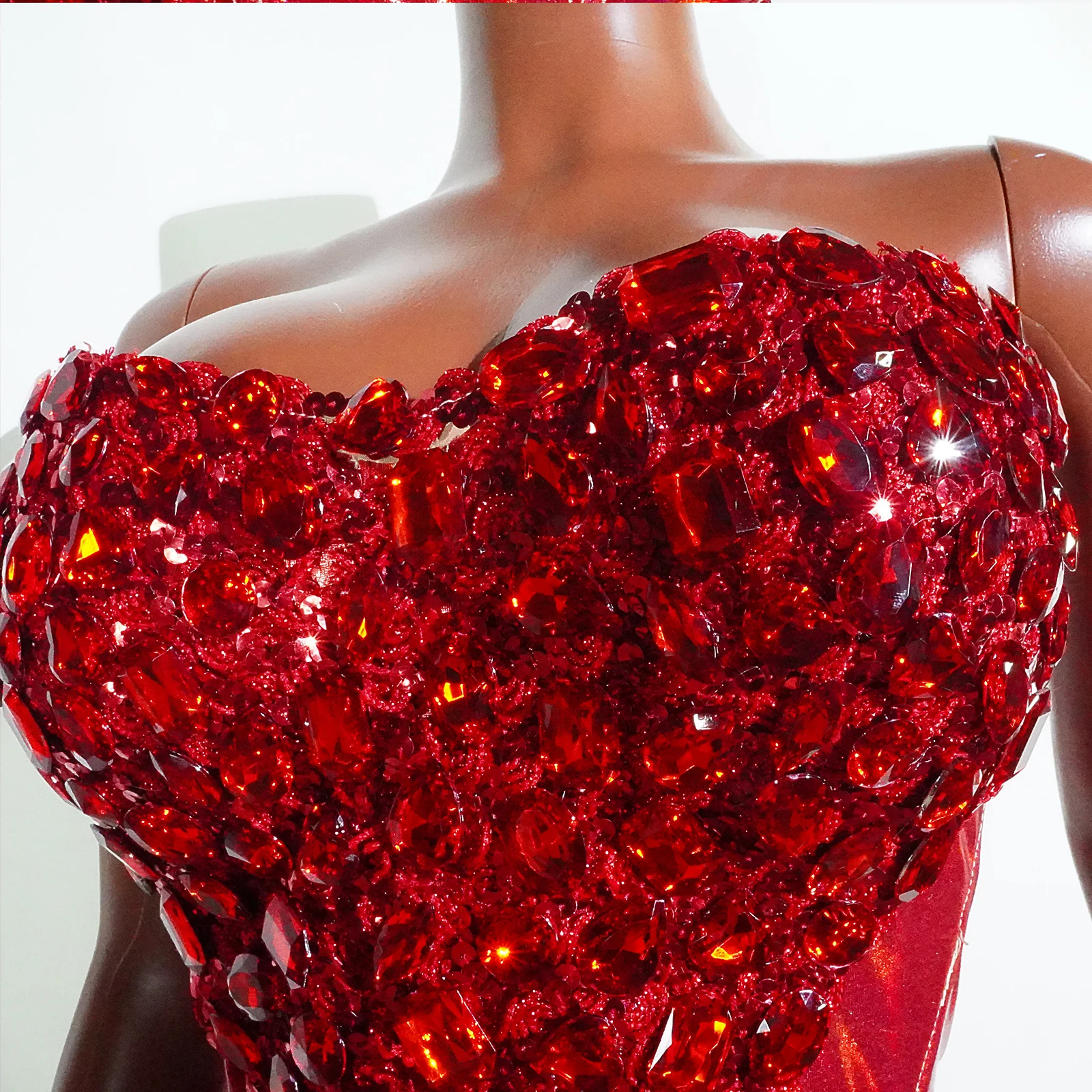 Sparkling Red Rhinestone High Slit 2PCS Long Dress Sequin Christmas Birthday Party Wedding Gown Nightclub Stage Wear Performance
