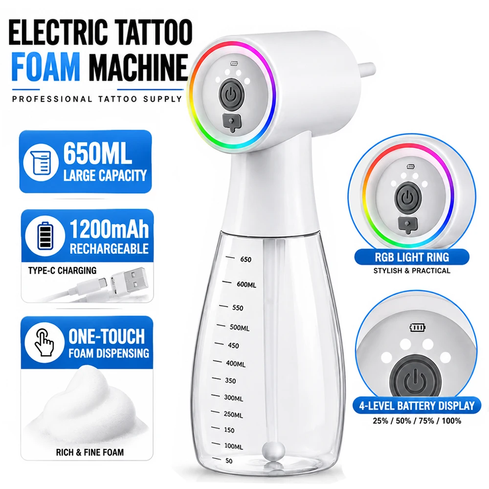 650ml Large Capacity Electric Tattoo Foam Machine 1200mAh Rechargeable One-Touch Foam Gun for Tattoo Cleaning Tool Tattoo Supply