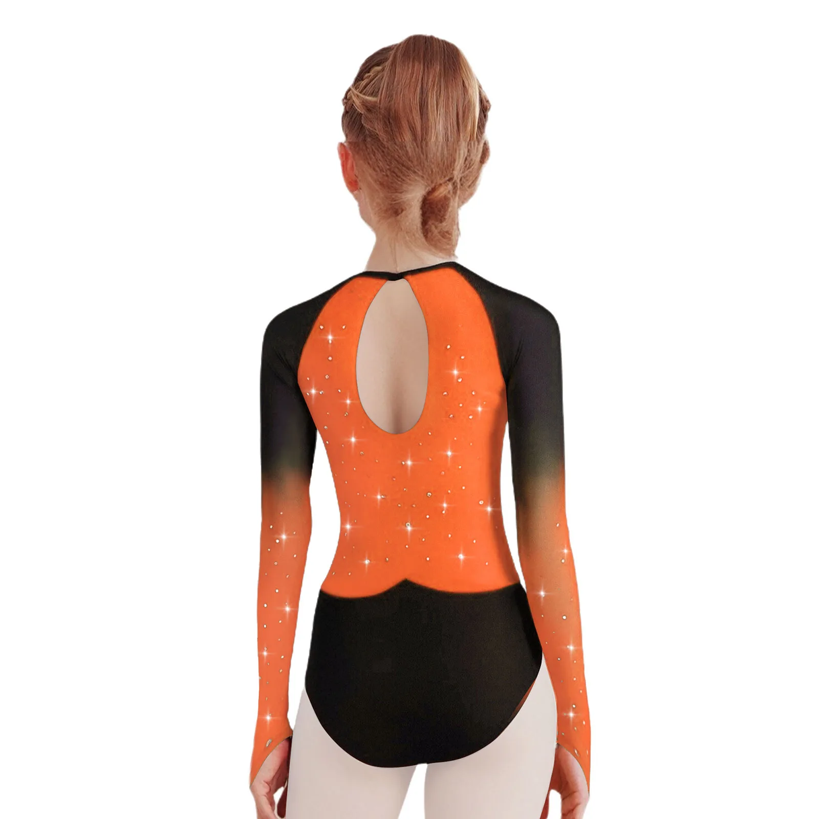 Kids Girls Modern Latin Jazz Sheer Mesh Long Sleeve Leotard Rhinestone Bodysuit for Ballet Gymnastics Figure Skating Performance