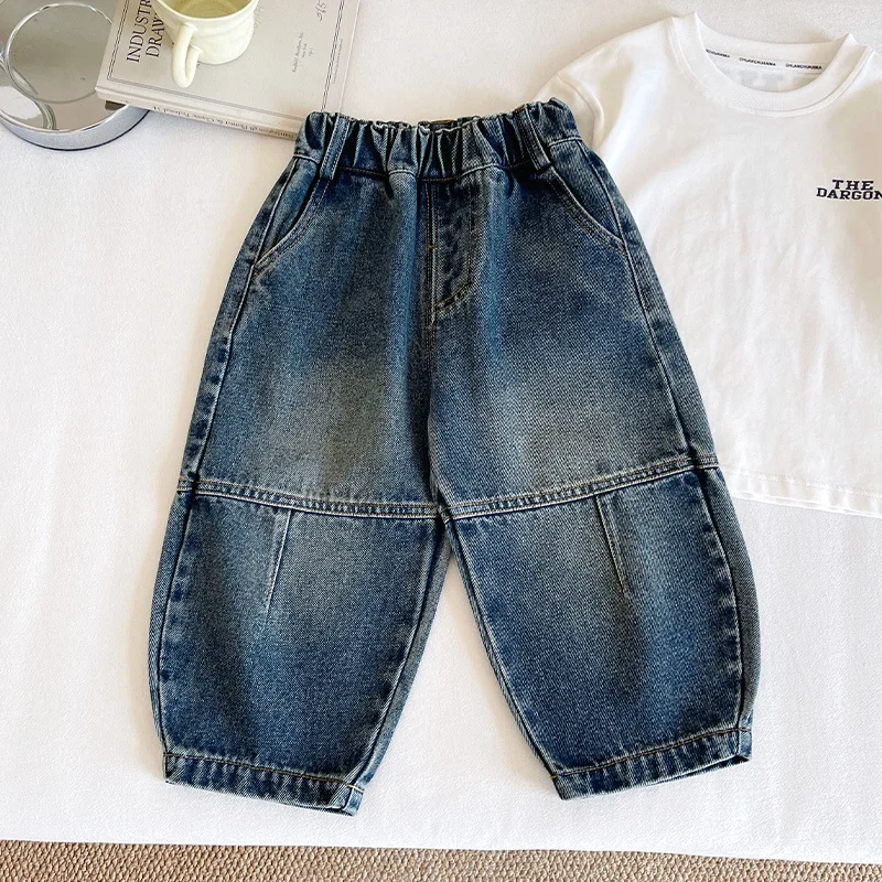 

Детская одежда, повседневные джинсы, новый стиль, свободные джинсовые штаны в винтажном стиле для детей, стильные прямые брюки для мальчиков