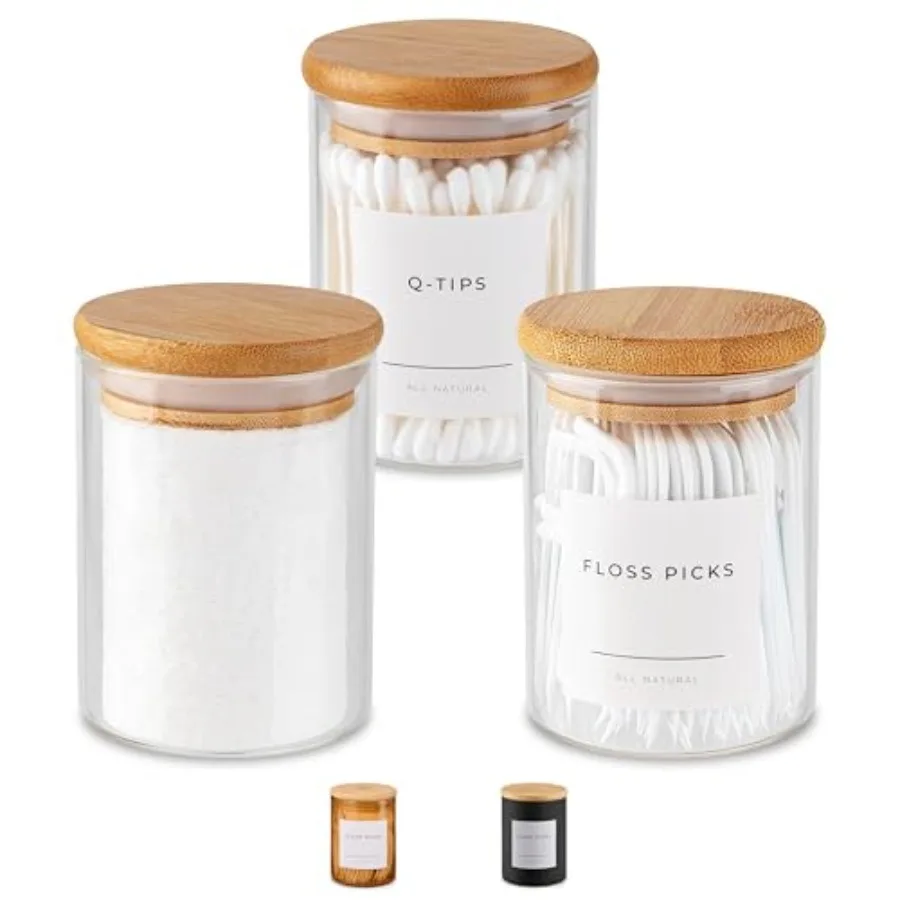 

Mini Glass Apothecary Jars with Bamboo Lids, Small Bathroom and Kitchen Storage Containers, For Cotton Balls, Pads and Swabs, 1