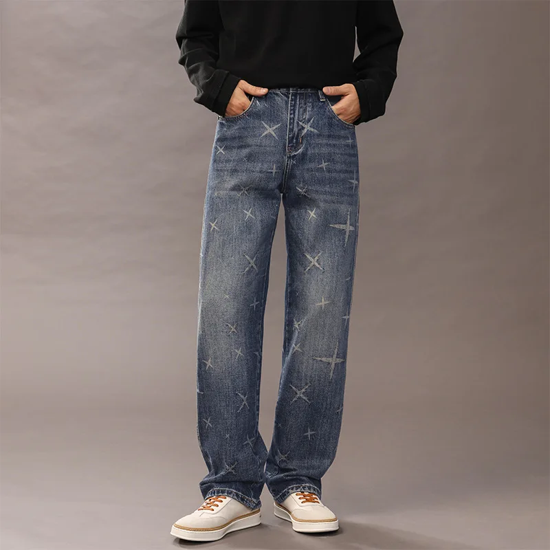 

Trendy Washed Printed Straight-Leg Jeans Men, Slightly Loose Comfortable American Style Autumn Winter Long Pants Men