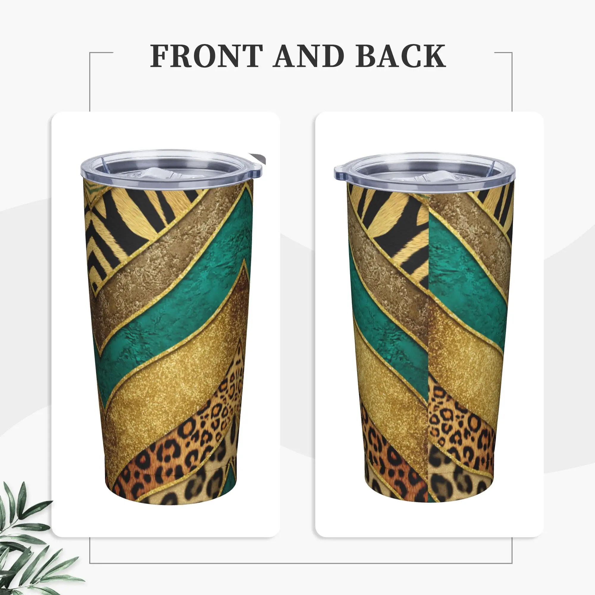 Leopard Spliced Insulated Tumbler with Straws Lid Faux Fur Stainless Steel Thermal Mug Office Home Car Bottle Cup, 20oz