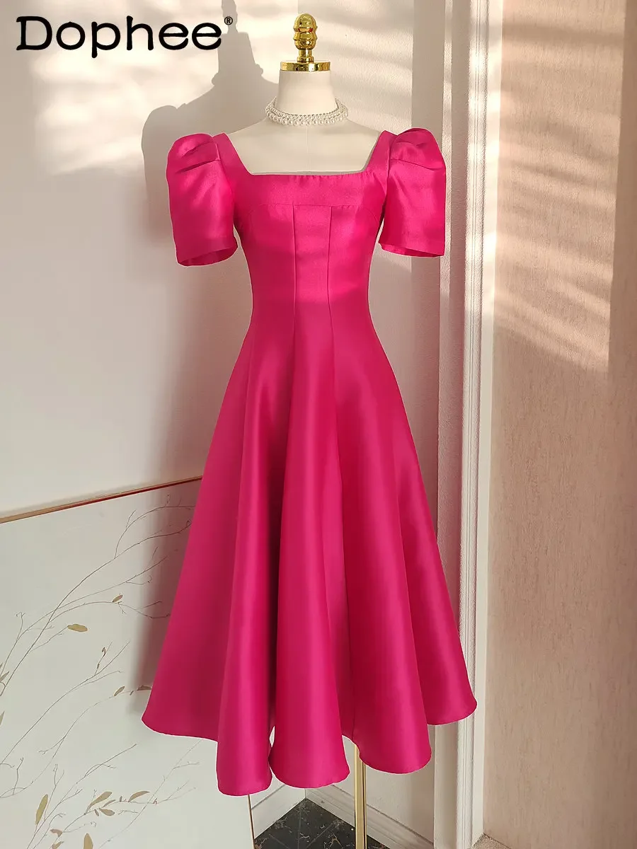 

French Hepburn Pleated High Waist Slimming Swing Solid Color Square Collar Short Sleeve Dress Women High-end Summer Maxi Dress