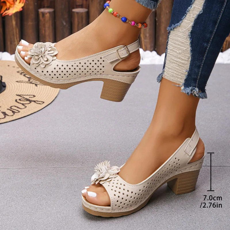 Peep Toe Bloem Versierd Dikke Hoge Hakken Voor Vrouwen 2025, Nieuwe Mode Casual Effen Kleur Gesp Romeinse Sandalen