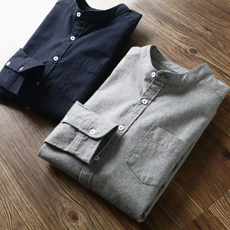 Spring And Autumn Men's Long Sleeved Shirt Basic Style Pure Cotton Brushed Round Neck Shirt Casual Slim Fit Tops