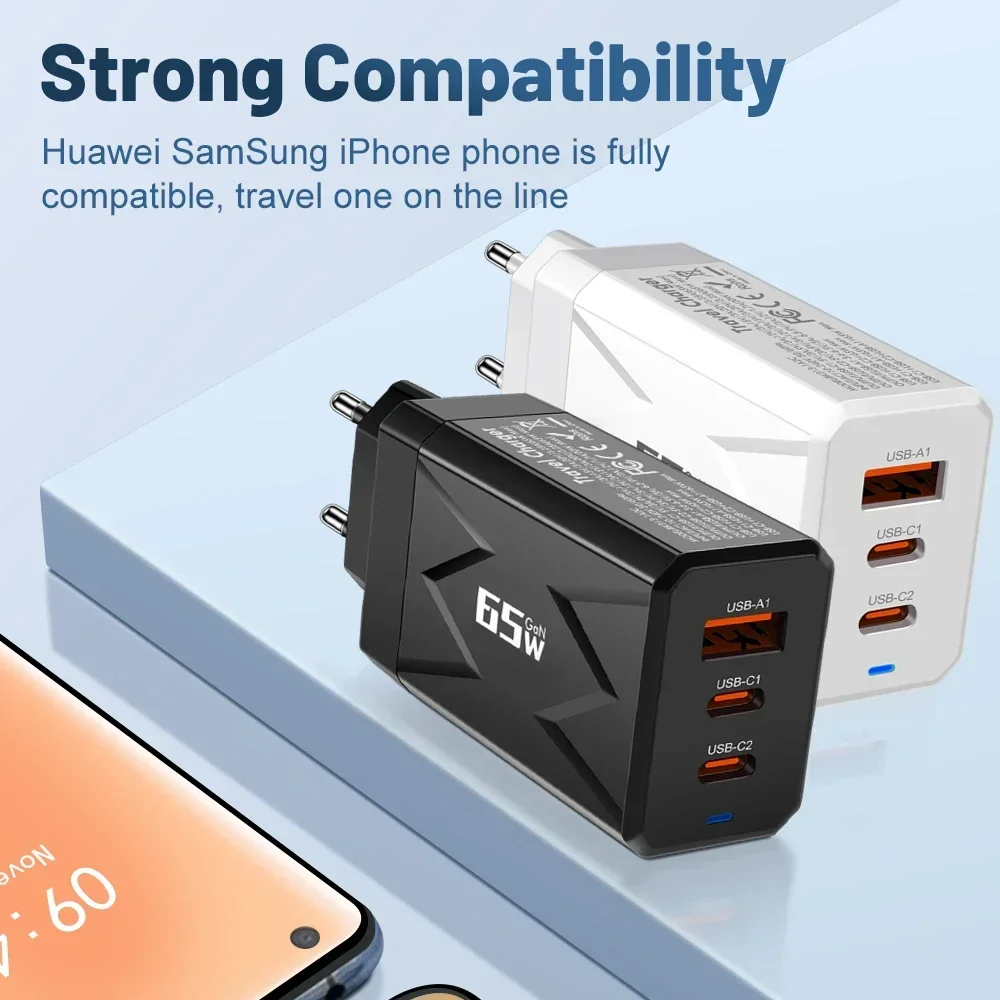 Chargeur USB Type C 65W 3 Ports, Charge Rapide, Prise UE/US, Chargeur Mural pour iPhone, Samsung, Xiaomi, Huawei, Adaptateur de Chargeur de Téléphone USB