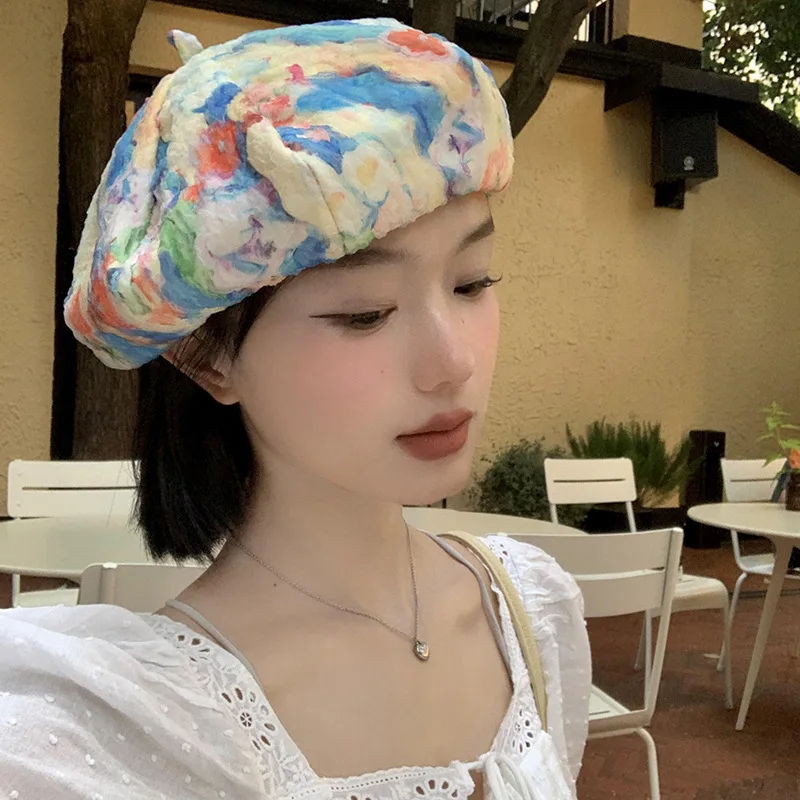 Tie Dye Floral Berets French Designer Silk Artist Hat for Women Spring Autumn Vintage Girls Painter Hats Beret Femme Cap 2023