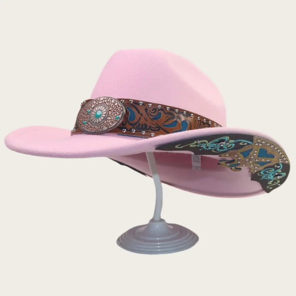 Dress Up Western Cowboy Hat Turquoise Decor Wide Brim Western Cowgirl Hat Embossed Bohemian Ethnic Style Fedora Hat