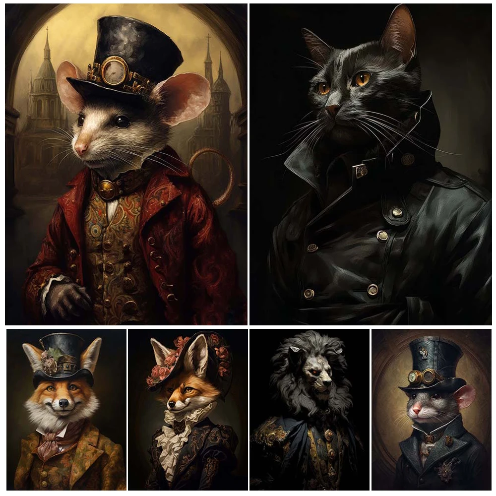 

Викторианский винтажный портрет животного, художественный постер и принт, домашний декор, черная кошка, лев, кролик, ворон, готическая настенная живопись на холсте