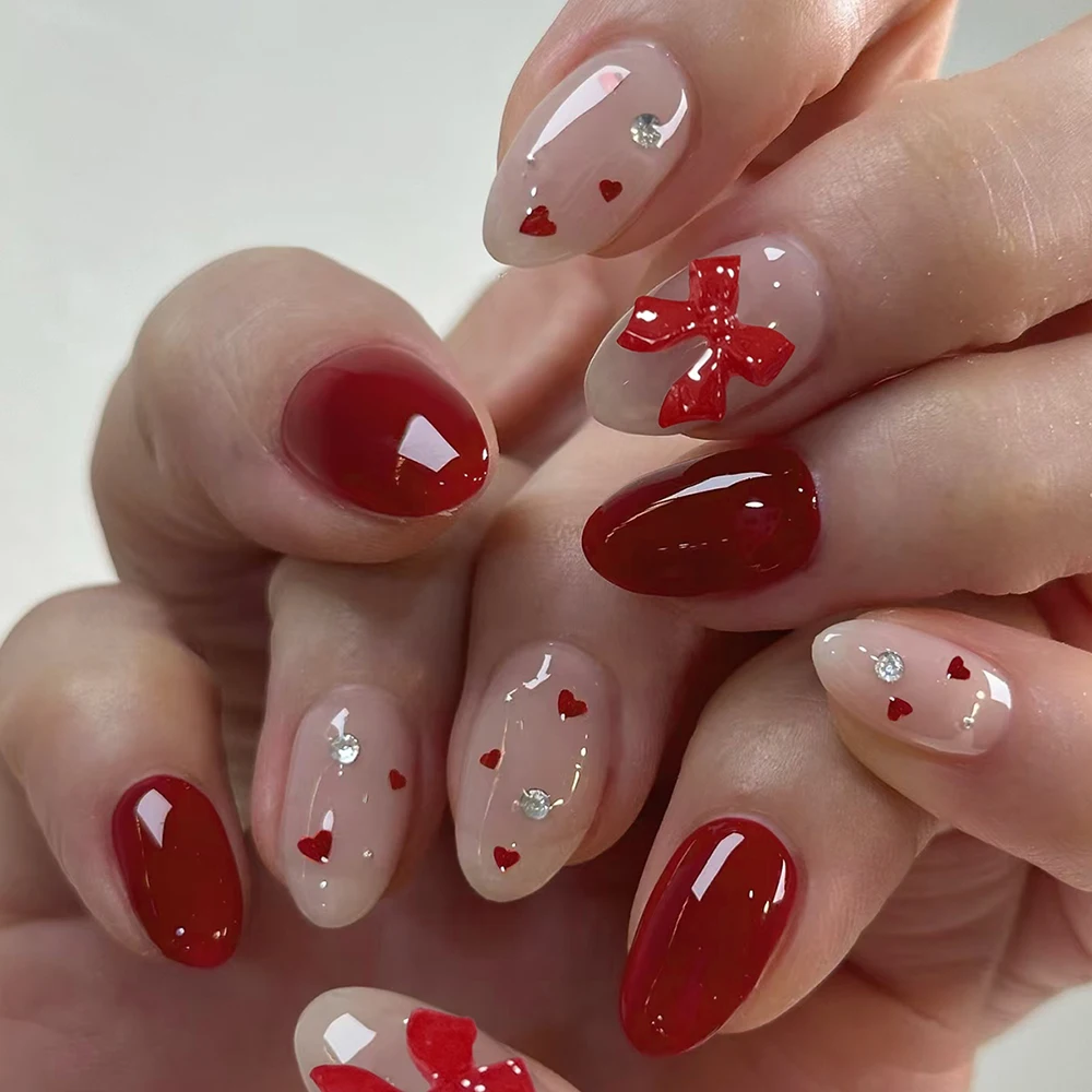 

24 шт. Короткий овальный бант со стразами. Кончик накладных ногтей. Короткий набор идеальных акриловых накладных ногтей. Включая: 1 шт. Желе G.