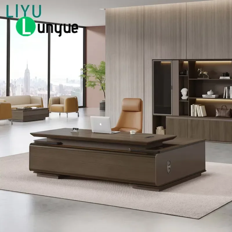 Large Luxury Walnut Executive Desk with LED Lighting High End Designer CEO Office Furniture for Corporate Manager Workspace