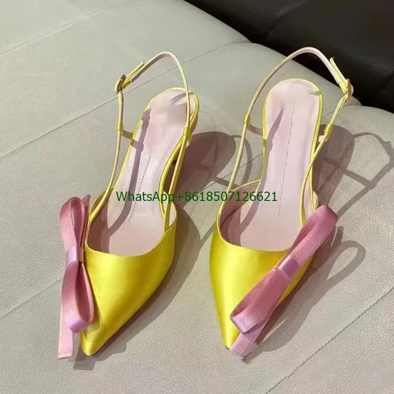 

Candy-Colored Satin High-Heeled Shoes 2023 Summer New Fashion Low-Heeled Pointed-Toe Bowknot Slingback Sandals For Women