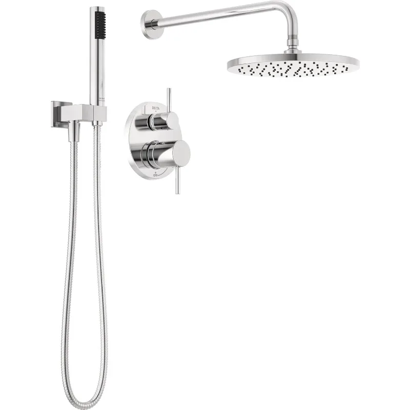 Delta Faucet Modern Raincan Round Shower System Including Rain Shower Head and Handheld Spray Chrome, Rainfall Shower System