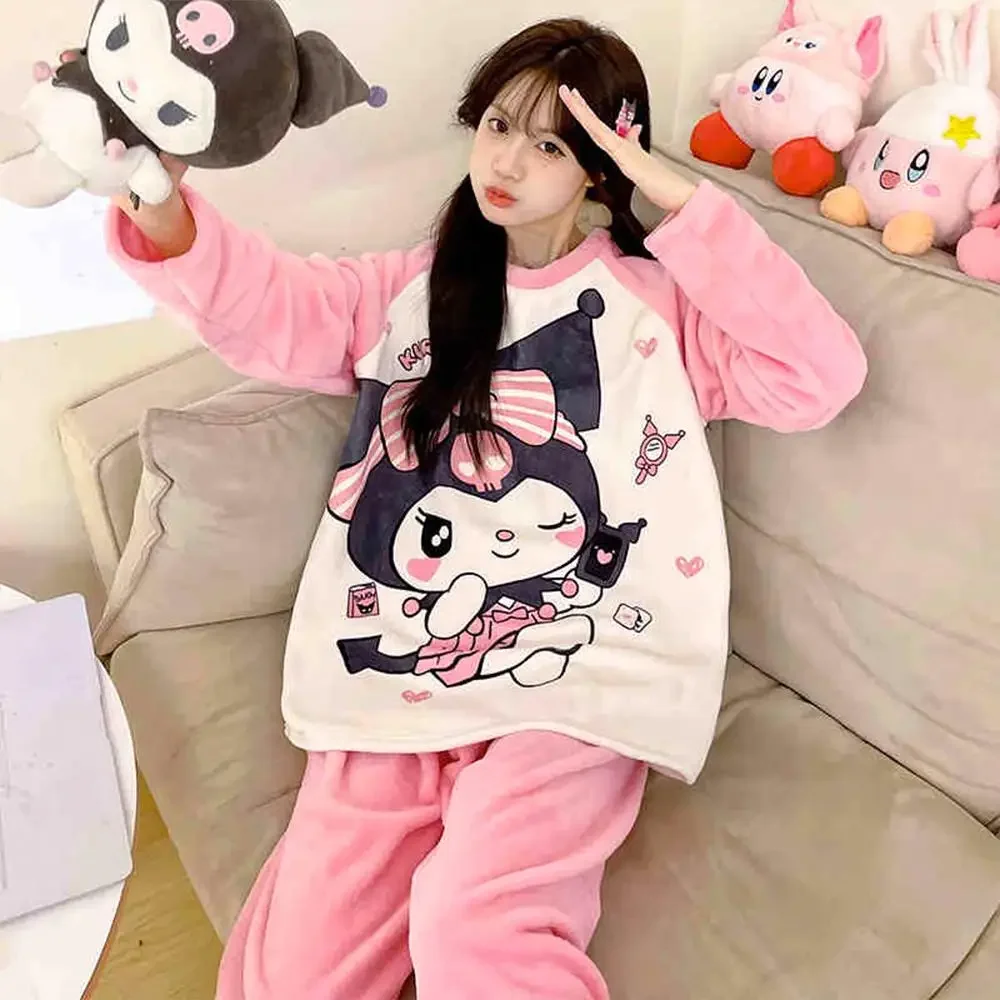 Anime Kuromi My Melody Plush Pajama Set Cartoon Usagi Coral Velvet Women Sleepwear Cute Warm Winter Homewear Girls Tops Pants