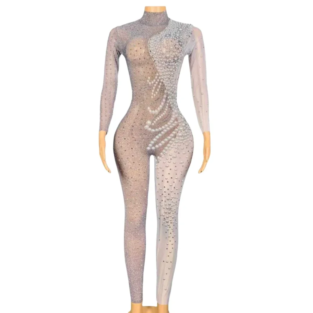 

Glitter Beaded Pearl Rhinestone Jumpsuits For Women Stretch Body Suits Singer Luxury Stage Wear Drag Queen Costume 2024