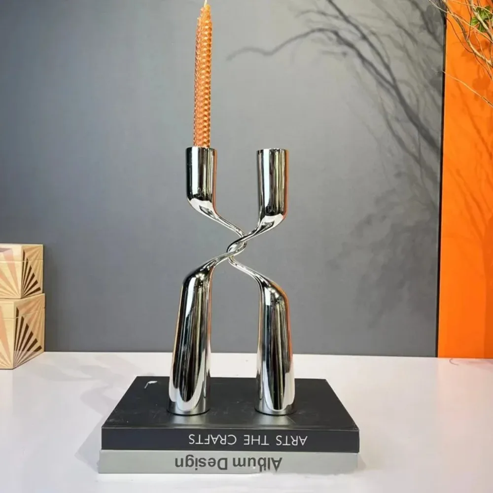 Modern Twisted Silver Metal Candlestick Holder Double Heads Taper Candle Holder Abstract Sculpture Tabletop Home Wedding Decor