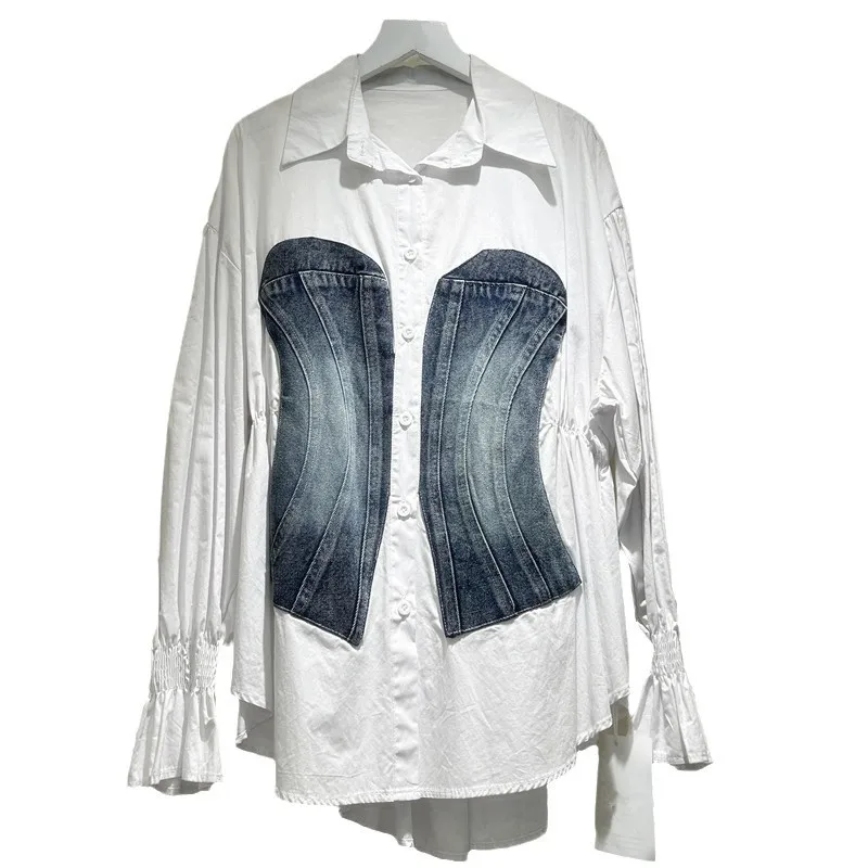 

Autumn and winter women's shirt, long sleeved patchwork denim waist cinched shirt, Korean fashion contrasting top 2025