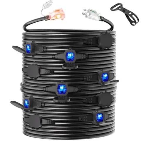 Black 50Feet 16 Gauge SJTW Multi Indoor/Outdoor Power Extension Cord, Multiple Evenly Spaced 11 Outlet with Safety Cover and In