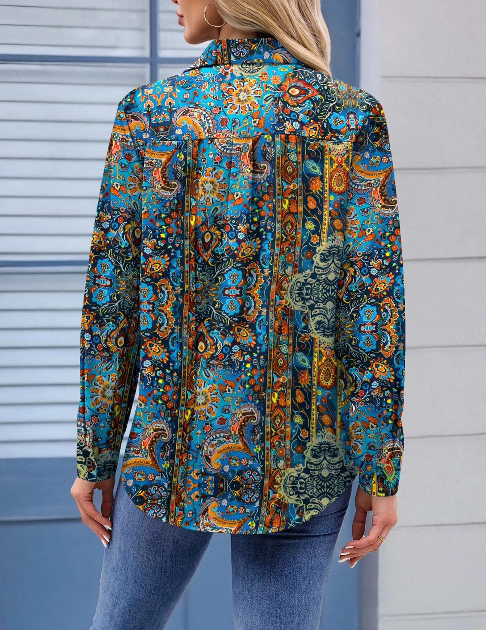 Women's Ethnic Flower Pattern Long Sleeve Shirt Business Work Elegant Casual With Pockets Summer Spring Clothing