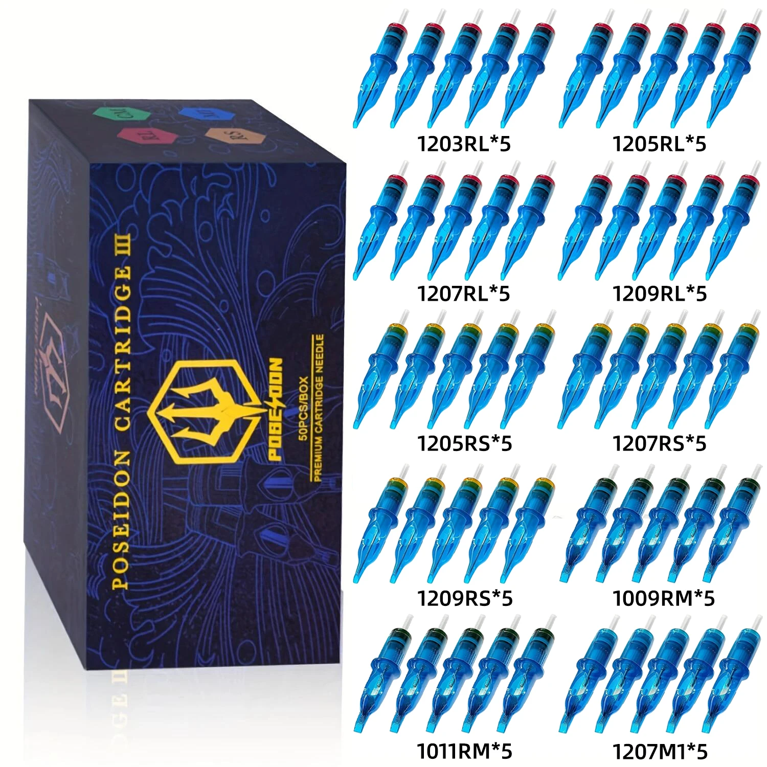 POSEIDON PRO MAX 50 Stück gemischte professionelle Tattoo-Patronennadeln mit Membran-Sicherheitskartuschen, Einweg-Tattoo-Nadel