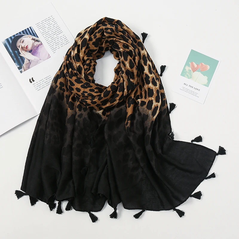 Fashion Cotton Tassel Hijab Scarf Printed Leopard Shawl For Women Muslim Autumn Headband Ladies Four Sided Tassel Wraps 180*90cm