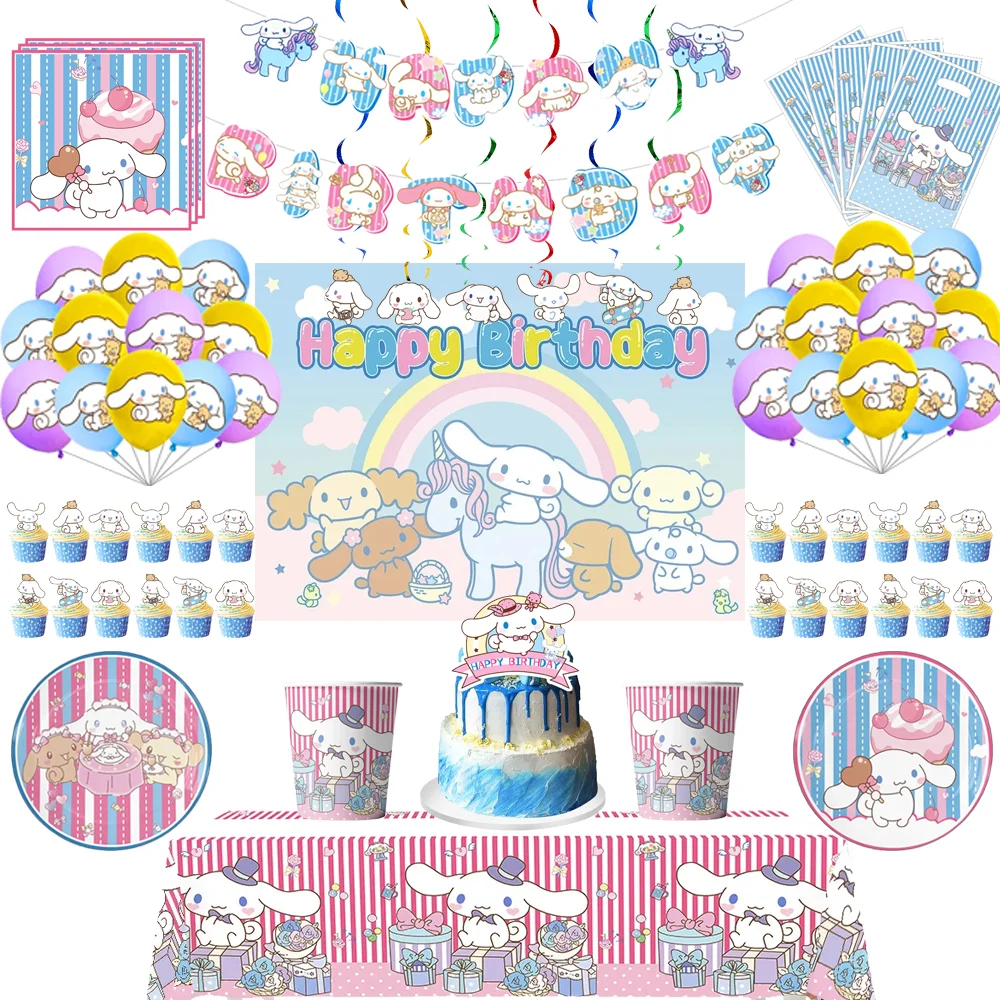 Sanrio Cinnamoroll Birthday Party Decoration Supplies Anime Children Backdrop Number Balloon Cartoon Tableware Paper Cup Plate