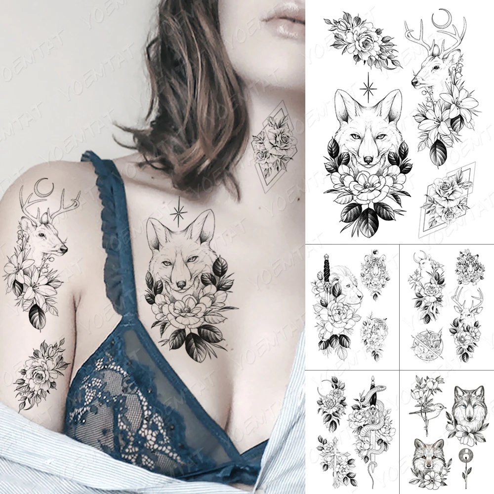 

Waterproof Temporary Tattoo Sticker Fox Reindeer Lion Wolf Snake Sword Rose Lily Peony Body Art Fake Tatto Men Women 3D Tattoos