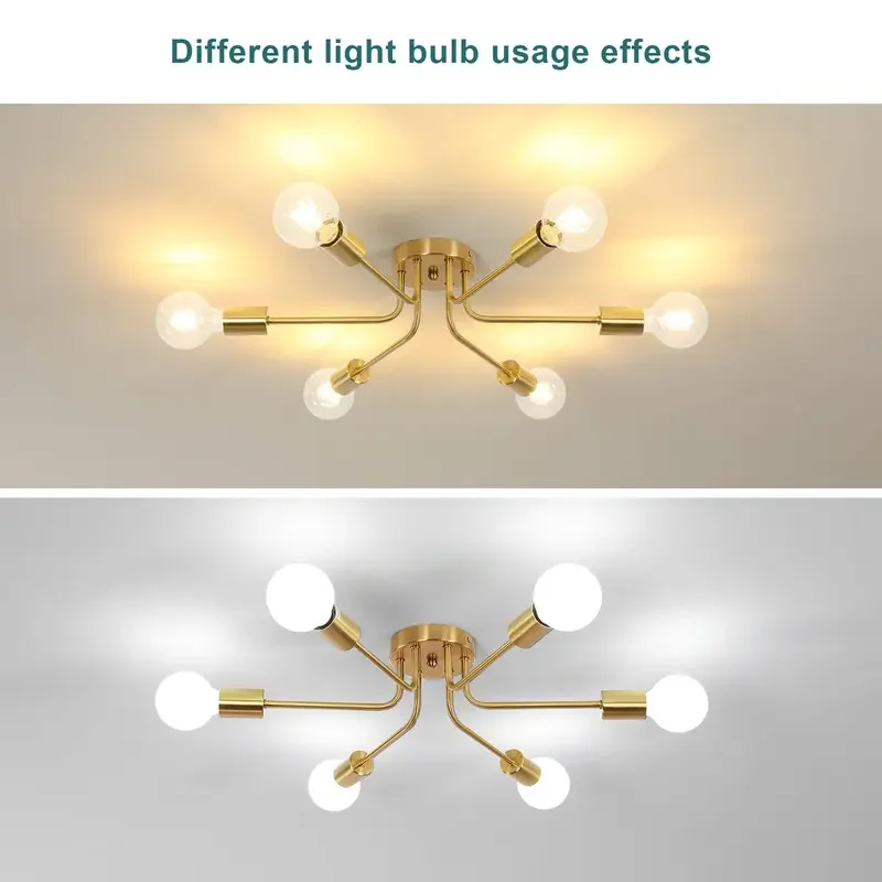 تركيبات إضاءة السقف الصناعية لمنتصف القرن، ثريا سبوتنيك ذهبية مكونة من 6 أضواء لغرفة الطعام والمطبخ Liv