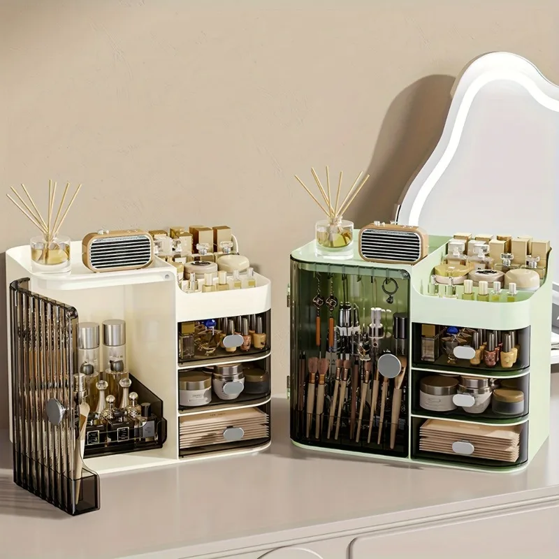 

Dustproof Large Makeup Organizer with Drawers - Spacious Plastic Cosmetic Storage Box with Brush Holders, Lipstick Slots