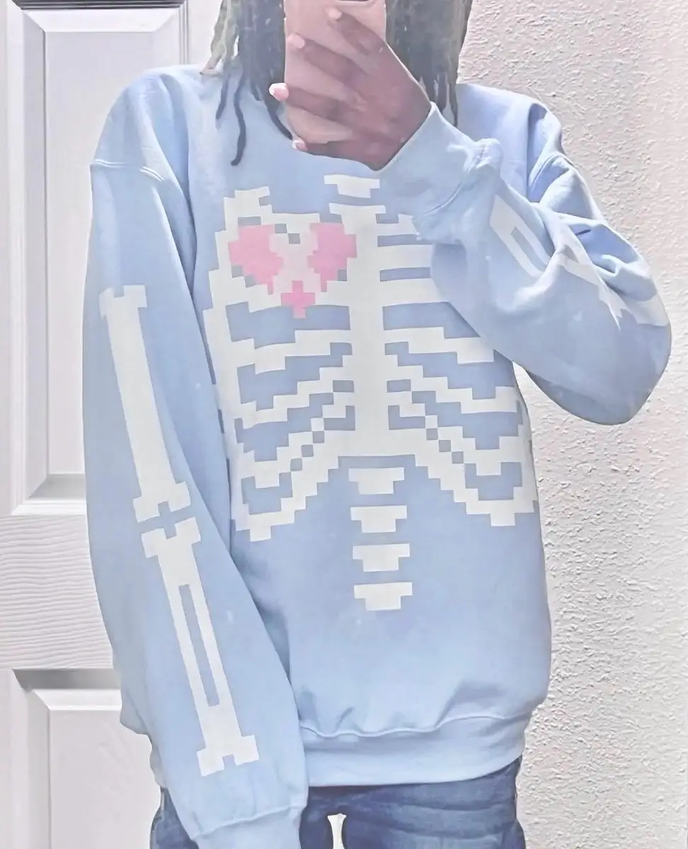 

Толстовка Pixel Skeleton, модный свитер унисекс с лентой Yami Kawaii, модные милые топы с круглым вырезом в стиле Харадзюку с разбитым сердцем