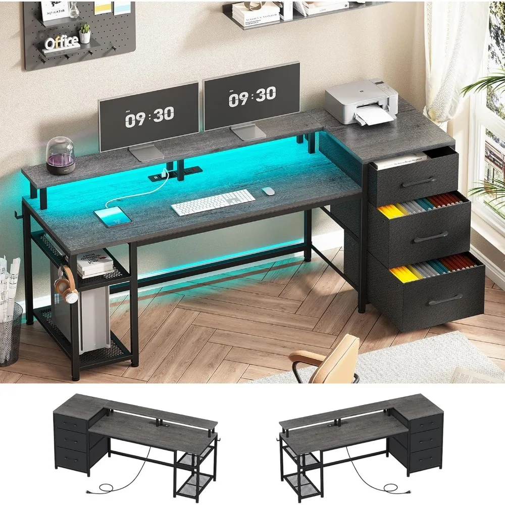 Gaming Desk with Storage and File Drawers, LED-lit Computer Desk with Power Outlet, Home Office Desk for Comfortable Work Enviro