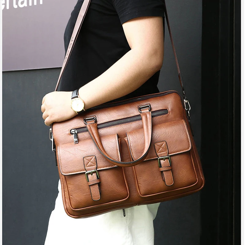 Briefcase for Man PU Leather Office Executive Vintage Tote Male Handbags Laptop 14 Shoulder Business Messenger Ita Bag Suitcase