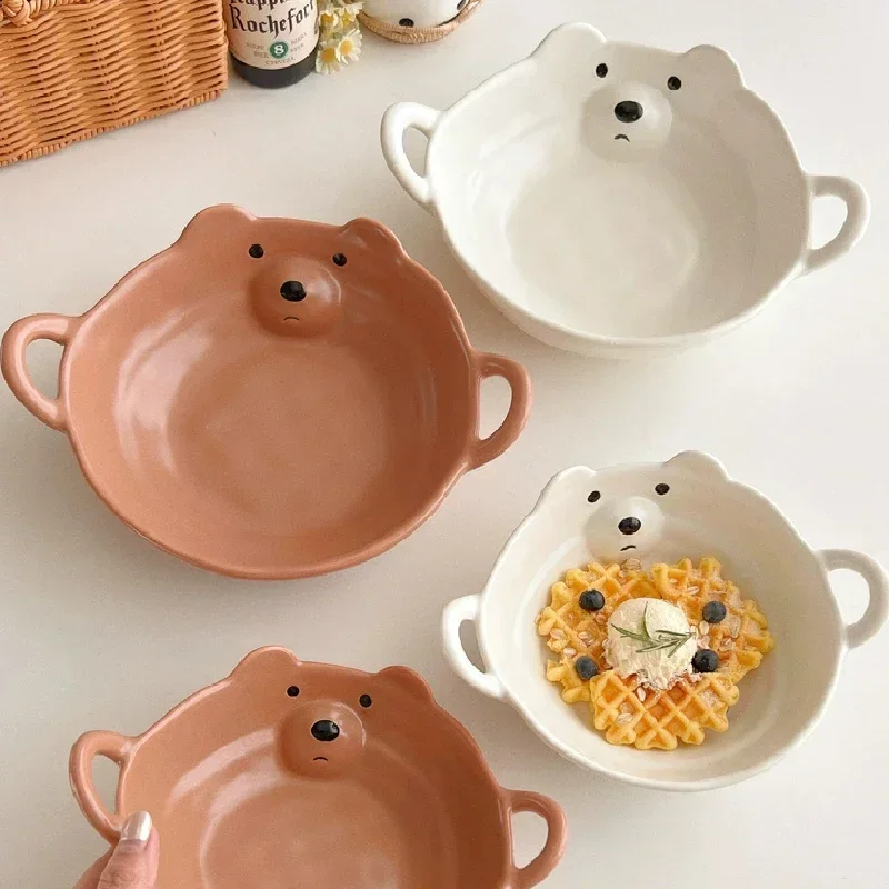 Irregular Ceramic Bowl Cute Little Bear and Pig Ceramic Tableware Cartoon Breakfast Cereal Yogurt Bowl Household Binaural Bowl