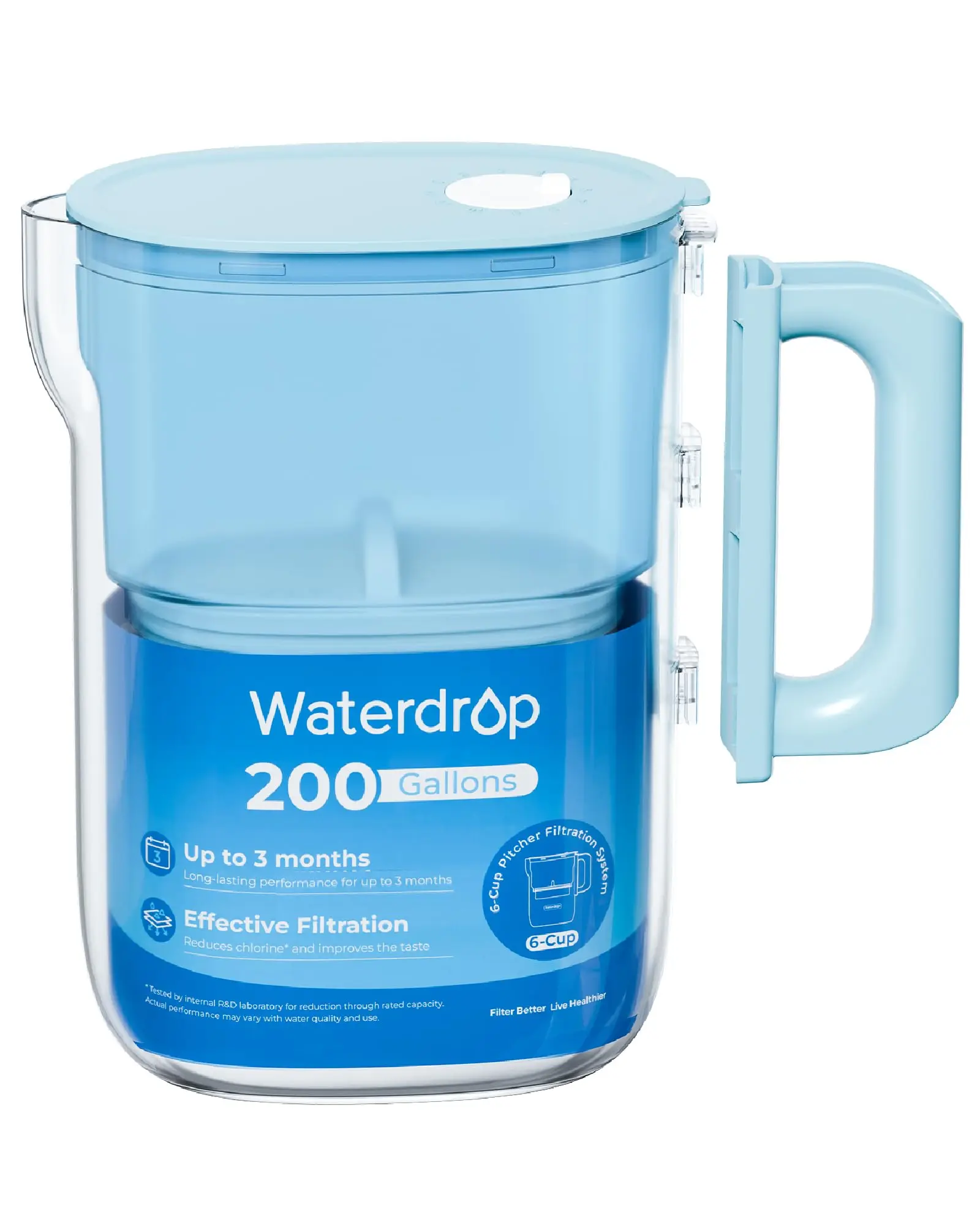 Waterdrop PT-12B Small 6-Cup Water Filter Pitcher For Mini Fridge, Blue,NSF-Certified Filter, 200-Gallon Long-Life, Reduces PFOA/PFOS and Chlorine, BPA-Free, Easy 2-Step Handle Setup