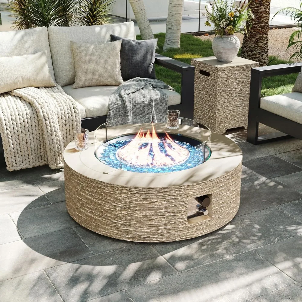 

42-inch Outdoor Propane Gas Fire Pit Table 50000 BTU Concrete Round FirePit for Outside Patio with Propane Tank Cover,Wind Guard