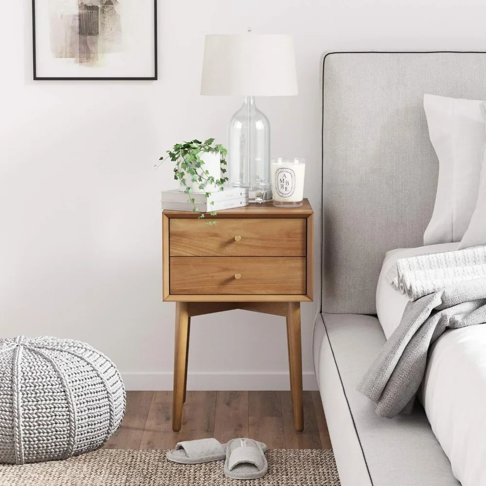 Harper Mid-Century Oak Wood Nightstand with 2-Drawers, Small Side End Table with Storage