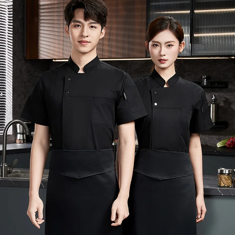 Manteau de Chef d'été à manches courtes, short de Chef respirant pour hommes, uniforme noir, veste de Chef de Restaurant, vêtements de travail, logo, tablier de cuisine