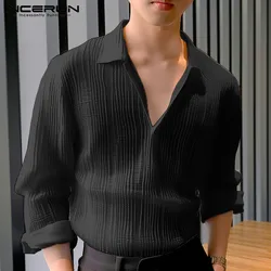 Men Shirt Lapel Long Sleeve Solid Color Korean Style Men Clothing Loose Streetwear 2024 See Through Casual Shirts S-5XL INCERUN