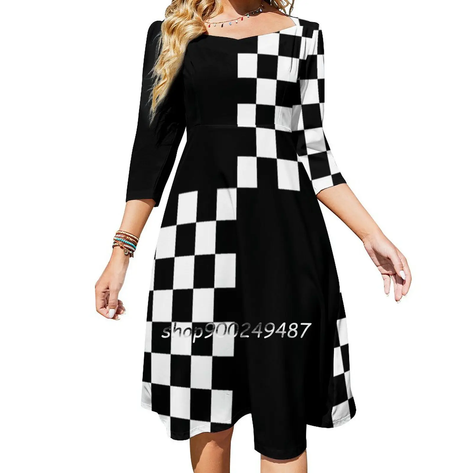 Quad Ska Black White Checked Pattern Flare Dress Multiple styles Print Dress Short and Long Sleeve Dress Mod Ska Sixties Fashion